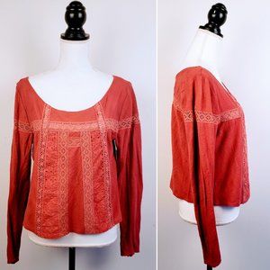 NWOT FREE PEOPLE Top, Dark Pink 100% Cotton Lace Eyelets Boho Casual, M